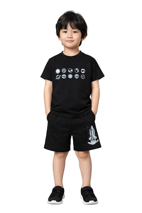 THE PONY & PEONY CO. Unisex Kids Oversized NASA Printed Co-Ord Set in Black| Cotton T-Shirt & Shorts Set | Half Sleeve Graphic Tee with Matching Bottom | Casual Wear Outfit for Playtime & Outings
